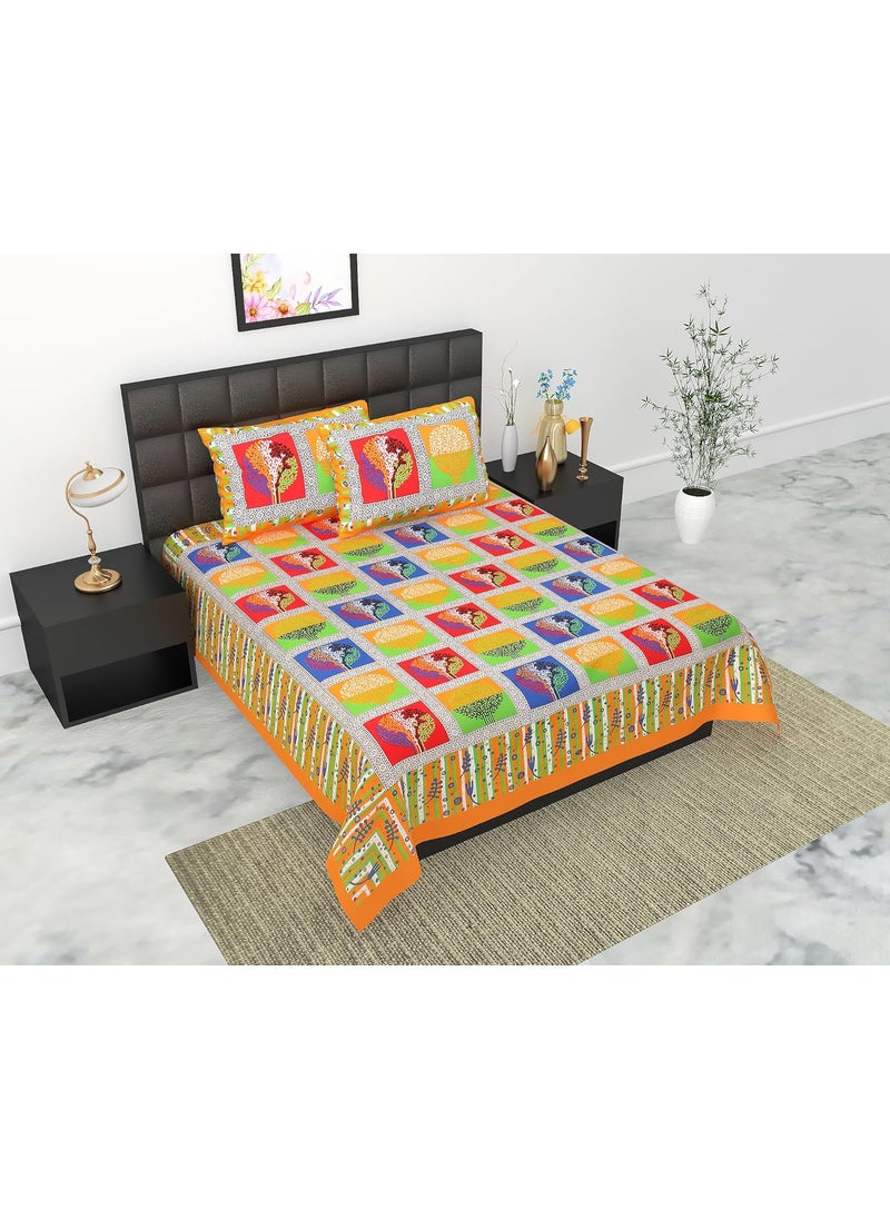JAIPUR PRINTS JAIPUR PRINTS Cotton Double Bedsheet with 2 Pillow Covers 90x100 inch Multicolour Tree Print Yellow 160 TC  - Image 4