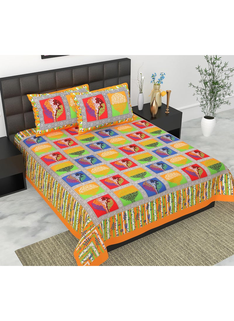 JAIPUR PRINTS JAIPUR PRINTS Cotton Double Bedsheet with 2 Pillow Covers 90x100 inch Multicolour Tree Print Yellow 160 TC  - Image 2