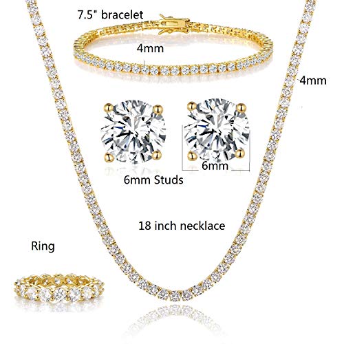 Gemsme 18K Yellow Gold Plated Tennis Necklace/Bracelet/Earrings/Band Ring Sets Pack of 4 (6#) - Image 2