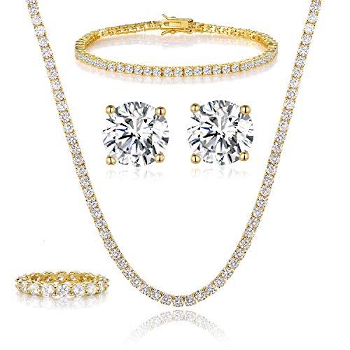 Gemsme 18K Yellow Gold Plated Tennis Necklace/Bracelet/Earrings/Band Ring Sets Pack of 4 (6#) - Image 1