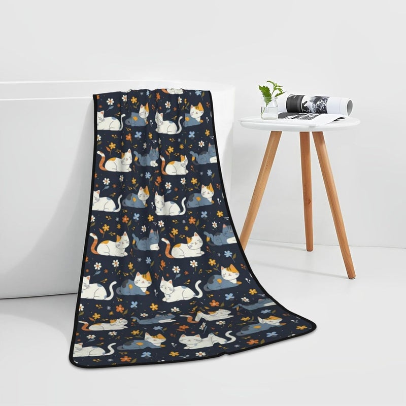 Cartoon Cats and Flowers Print Bath Towels 27”x55” Soft Absorbent Coral Fleece Towels for Bathroom, Quick Dry Bath Towel for Bathroom, Gym, Spa, Pool & Hotel - Image 5