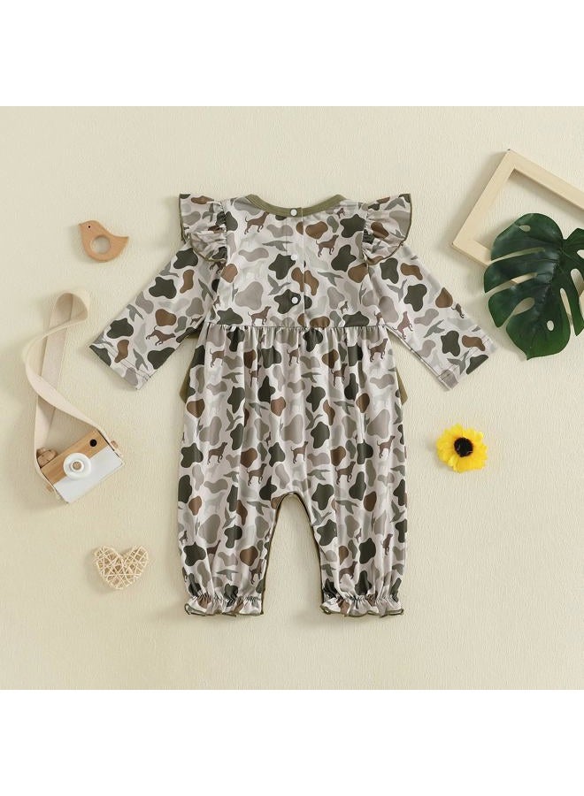Santikisler Newborn Baby Girl Hunting Outfit Camo Ruffle Long Sleeve Romper Jumpsuit Smocked Bubble One Piece Clothes, Army Green, 0-3 Months - Image 2