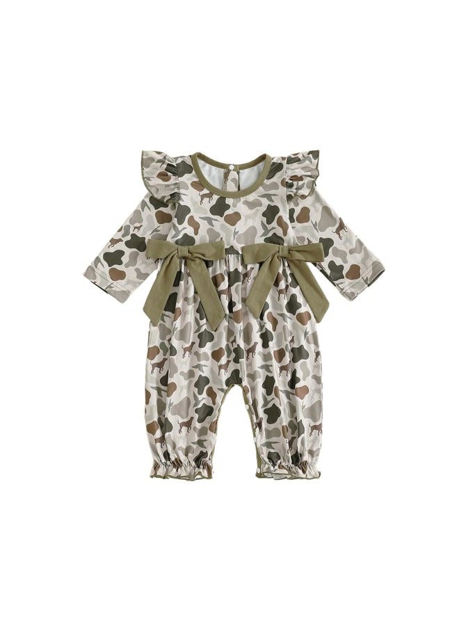 Santikisler Newborn Baby Girl Hunting Outfit Camo Ruffle Long Sleeve Romper Jumpsuit Smocked Bubble One Piece Clothes, Army Green, 0-3 Months - Image 1