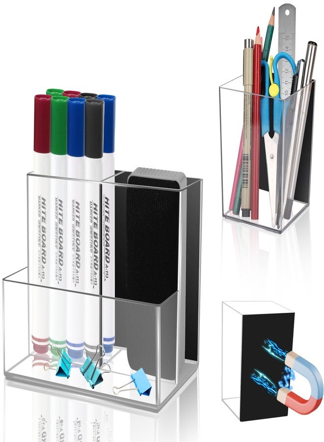 Comkrivy 2 Pack Acrylic Dry Erase Marker Holder with Full Magnet Back and 4 Compartments, Magnetic Pencil Cup Locker Organizer for Refrigerator Whiteboard Office School - Image 1