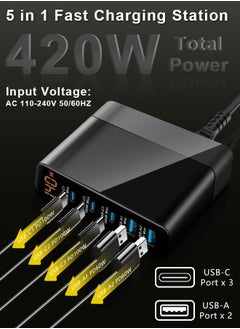 Xoopla 420W Type C Charger Fast Charging Station,Wall Charger Power Adapter Plug with GaN Technology/LED Display/3 PD USB C Ports (3 x 100W) and 2 QC USB A Ports (2 x 60W),Laptop Charger Certified for MacBook Air Samsung iPhone iPad Galaxy Huawei Xiaomi and More - 1.5m Power Cord  - Image 2