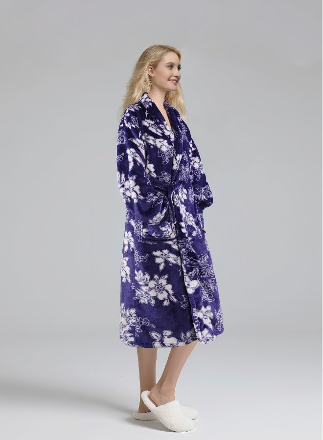 Noon East All Flower Print Flannel Bathrobe - 250 Gsm 100% Polyester Soft Fuzzy Plush For Women - Shawl Collar & Pocket - Blue Color, S Size - Image 2