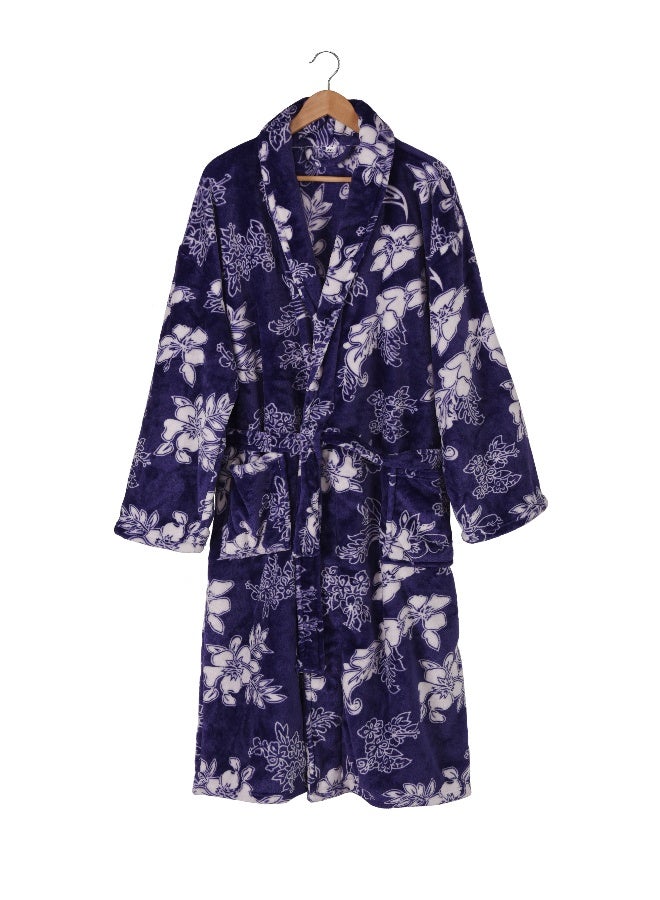 Noon East All Flower Print Flannel Bathrobe - 250 Gsm 100% Polyester Soft Fuzzy Plush For Women - Shawl Collar & Pocket - Blue Color, S Size - Image 4