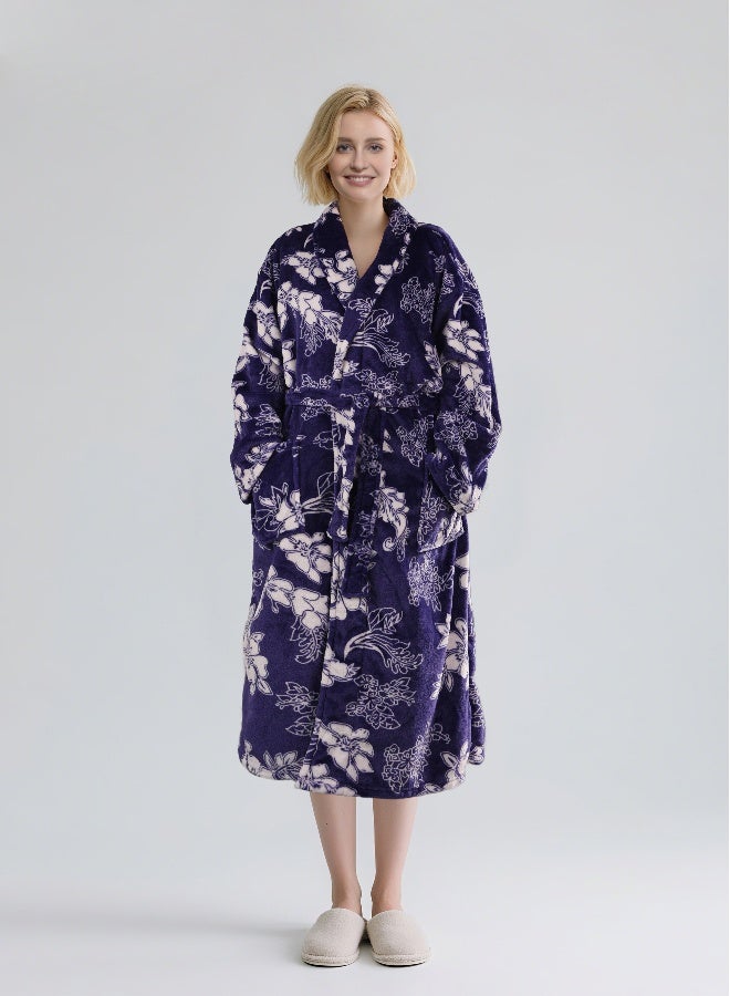 Noon East All Flower Print Flannel Bathrobe - 250 Gsm 100% Polyester Soft Fuzzy Plush For Women - Shawl Collar & Pocket - Blue Color, S Size - Image 1