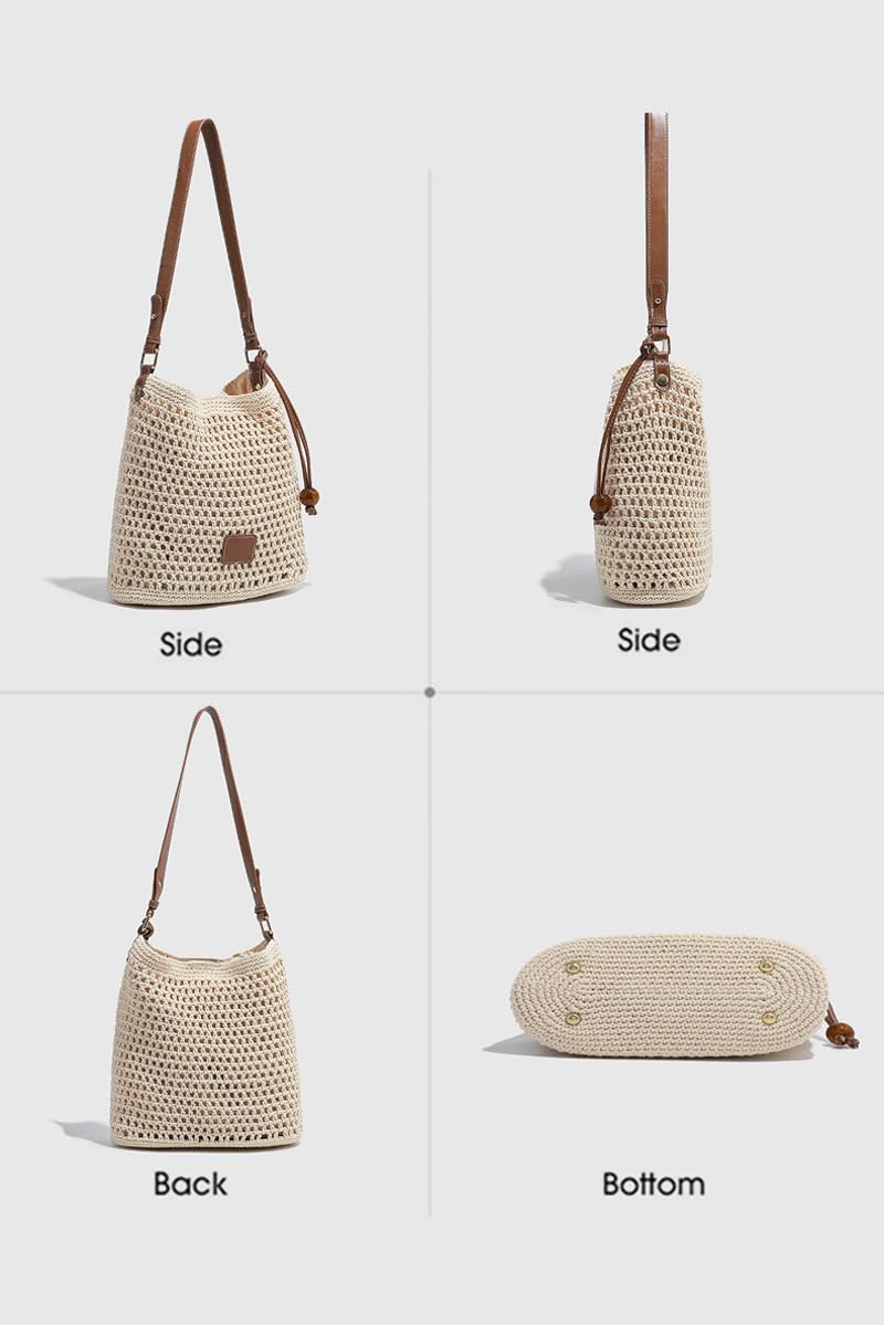 Ulisty Women Small Cotton Crochet String Bag Handwoven Summer Beach Bag Knitted Vacation Shoulder Bag Purse Handbag beige - Image 3