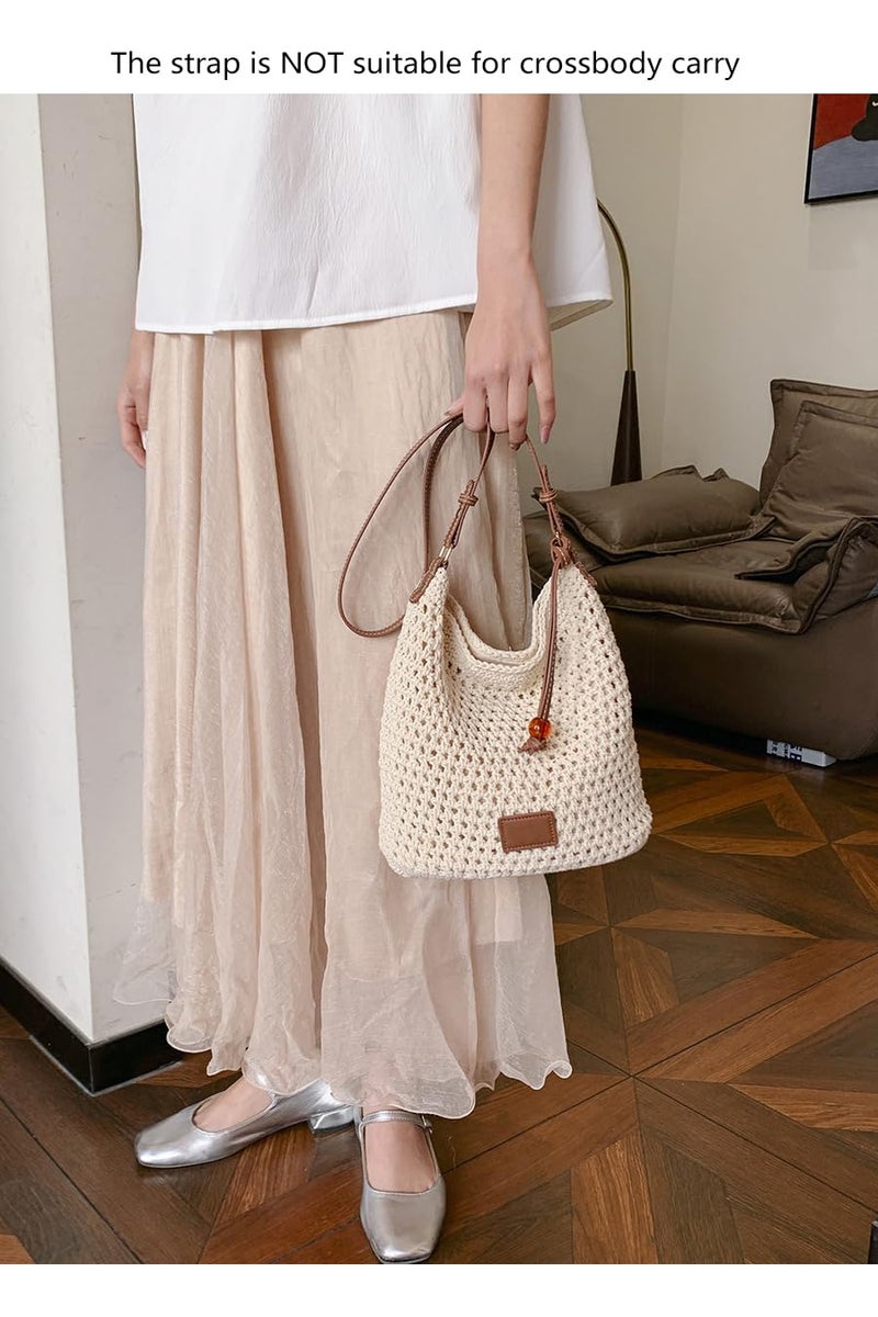 Ulisty Women Small Cotton Crochet String Bag Handwoven Summer Beach Bag Knitted Vacation Shoulder Bag Purse Handbag beige - Image 2