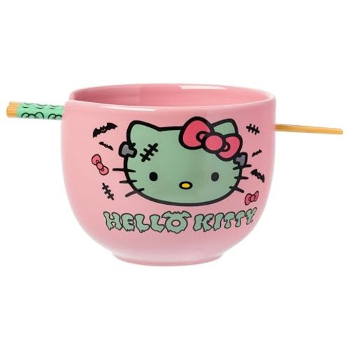 Silver Buffalo Sanrio Hello Kitty Halloween Spooky Frankenstein Ceramic Ramen Bowl with Chopsticks, Microwave Safe, 20 Ounces