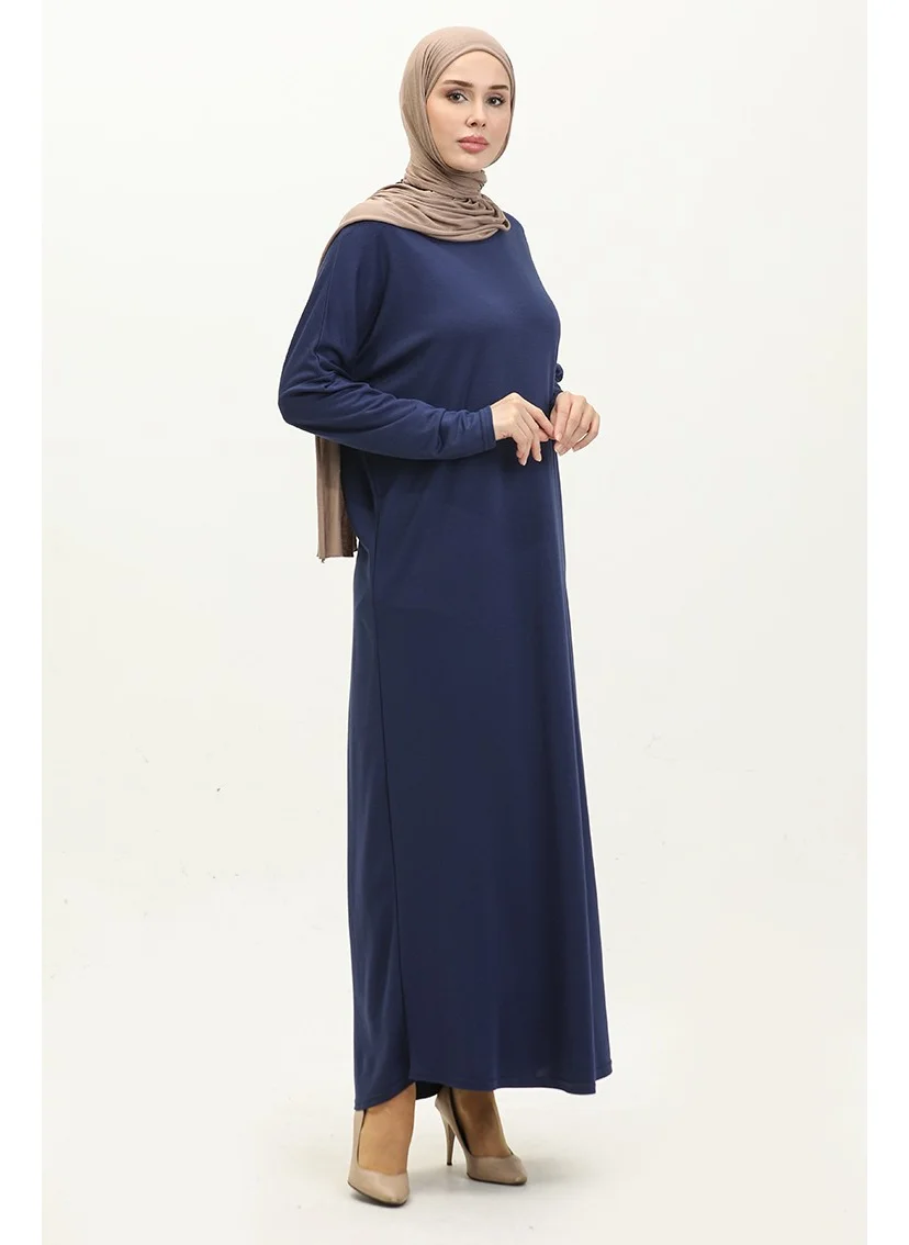 Sefa Merve Bat Sleeve Long Dress 8670-01 Light Navy Blue