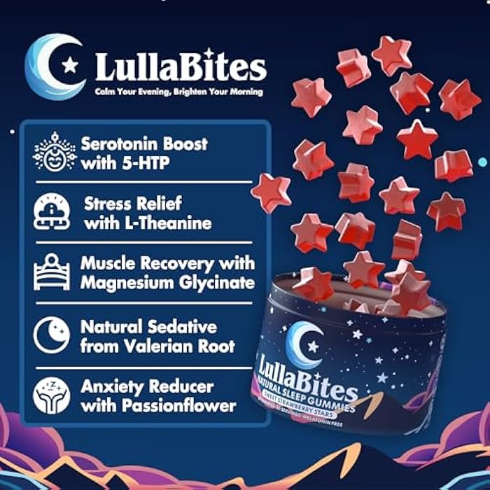 LullaBites - Natural Sleep Gummies - Made in USA - With 5-HTP, L-Theanine, Magnesium & Valerian Root - Melatonin Free - Vegan - Halal - Sugar, Gluten Free - Sweet Strawberry - 60 Gummies - 30 Servings - Image 3