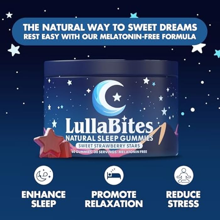 LullaBites - Natural Sleep Gummies - Made in USA - With 5-HTP, L-Theanine, Magnesium & Valerian Root - Melatonin Free - Vegan - Halal - Sugar, Gluten Free - Sweet Strawberry - 60 Gummies - 30 Servings - Image 2