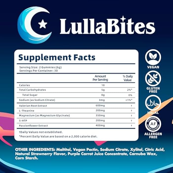 LullaBites - Natural Sleep Gummies - Made in USA - With 5-HTP, L-Theanine, Magnesium & Valerian Root - Melatonin Free - Vegan - Halal - Sugar, Gluten Free - Sweet Strawberry - 60 Gummies - 30 Servings - Image 5