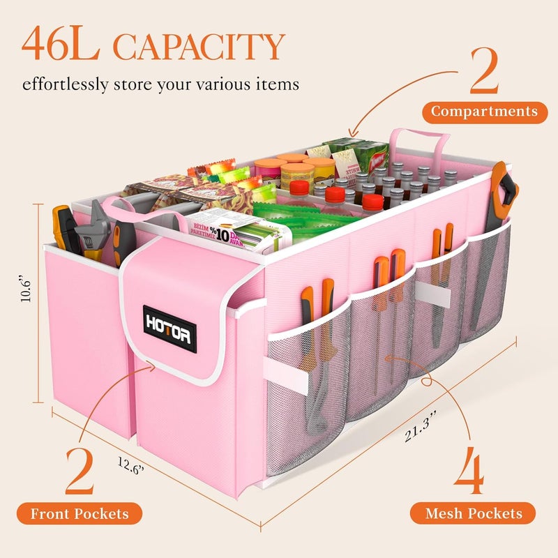 HOTOR Large-Capacity Pink Trunk Organizer for Car - Foldable with 2 Compartments - Image 2