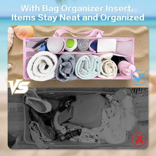 XYFuuee Beach Bag Organizer Inserts for Baby Medium Bogg Bag Accessories with 8 Removable Metal Fasteners, Lightweight Mesh Insert Divider Pouch, Organizing Rubber Tote, Save Storage Space, Pink M - Image 3