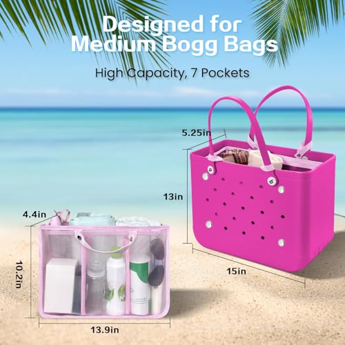 XYFuuee Beach Bag Organizer Inserts for Baby Medium Bogg Bag Accessories with 8 Removable Metal Fasteners, Lightweight Mesh Insert Divider Pouch, Organizing Rubber Tote, Save Storage Space, Pink M - Image 2