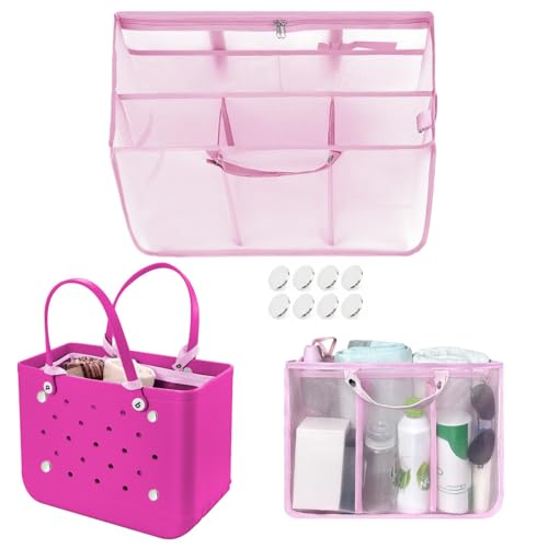 XYFuuee Beach Bag Organizer Inserts for Baby Medium Bogg Bag Accessories with 8 Removable Metal Fasteners, Lightweight Mesh Insert Divider Pouch, Organizing Rubber Tote, Save Storage Space, Pink M - Image 1