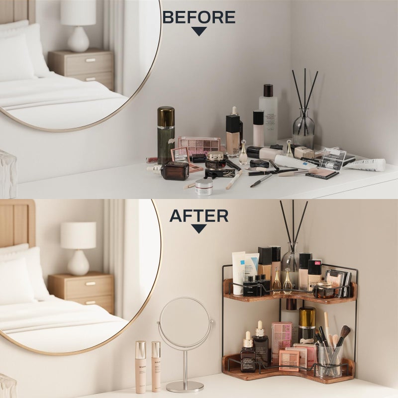 Snuvid 2-Tier Bathroom Counter Organizer, Wooden Corner Shelf for Vanity Countertop Skincare & Makeup, Storage and Organization for Kitchen - Image 5