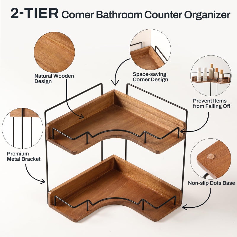 Snuvid 2-Tier Bathroom Counter Organizer, Wooden Corner Shelf for Vanity Countertop Skincare & Makeup, Storage and Organization for Kitchen - Image 3