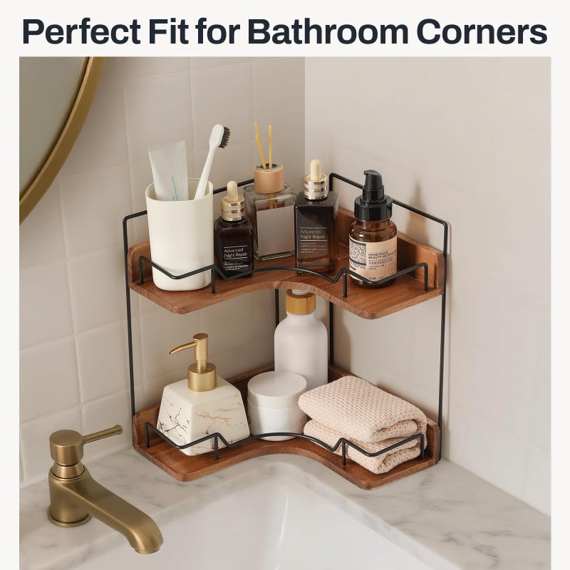 Snuvid 2-Tier Bathroom Counter Organizer, Wooden Corner Shelf for Vanity Countertop Skincare & Makeup, Storage and Organization for Kitchen - Image 4