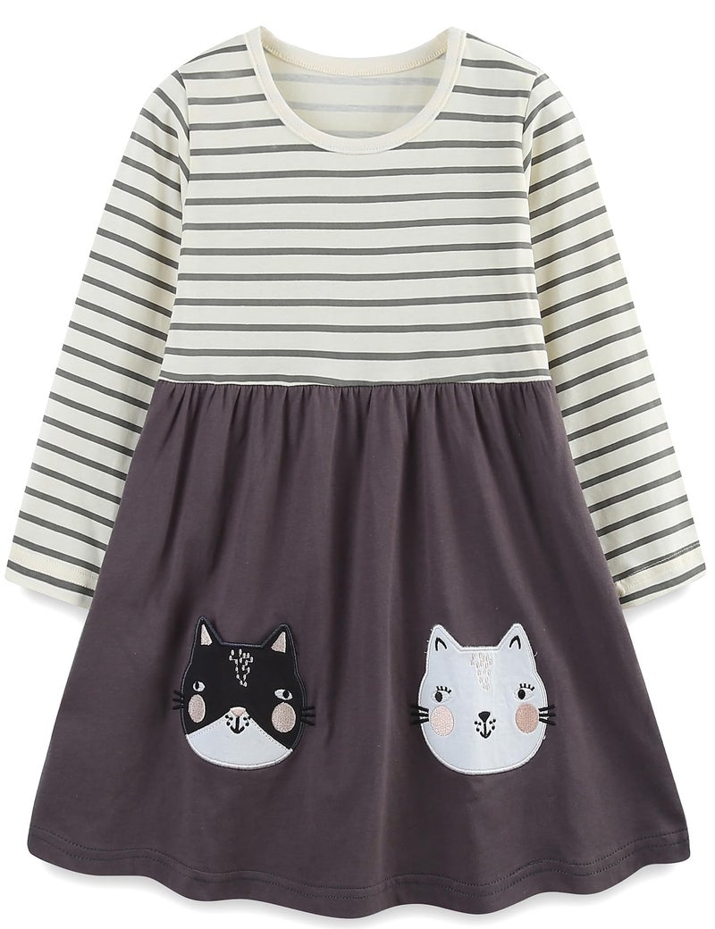 Bumeex Toddler Little Girl's Long Sleeve Dresses Fall Winter Spring Cotton Cute Dress Outfit Casual Clothes Tunic Clothing White/Gray Striped Cat Size 6 - Image 1