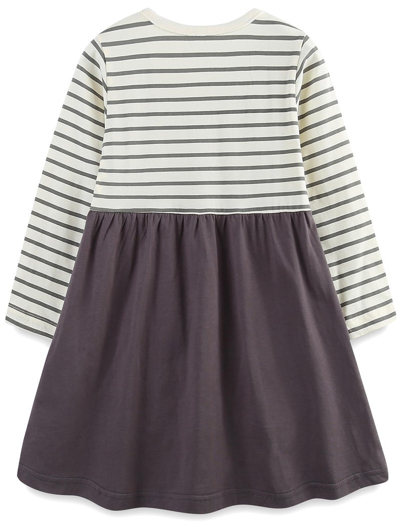 Bumeex Toddler Little Girl's Long Sleeve Dresses Fall Winter Spring Cotton Cute Dress Outfit Casual Clothes Tunic Clothing White/Gray Striped Cat Size 6 - Image 2