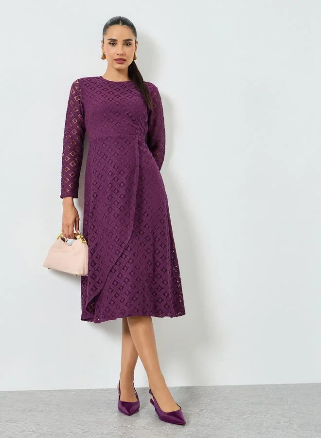 Styli Purple Lace Long Sleeves A-Line Midi Dress
