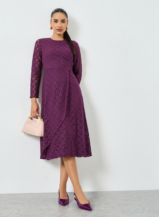 ستايلي فستان ميدي أرجواني دانتيل بأكمام طويلة وحافة واسعة - Image 1