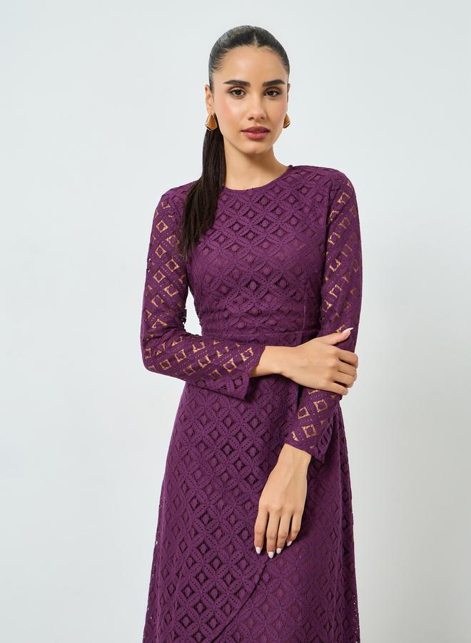 ستايلي فستان ميدي أرجواني دانتيل بأكمام طويلة وحافة واسعة - Image 2