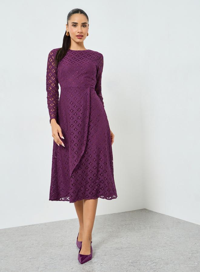 ستايلي فستان ميدي أرجواني دانتيل بأكمام طويلة وحافة واسعة - Image 3