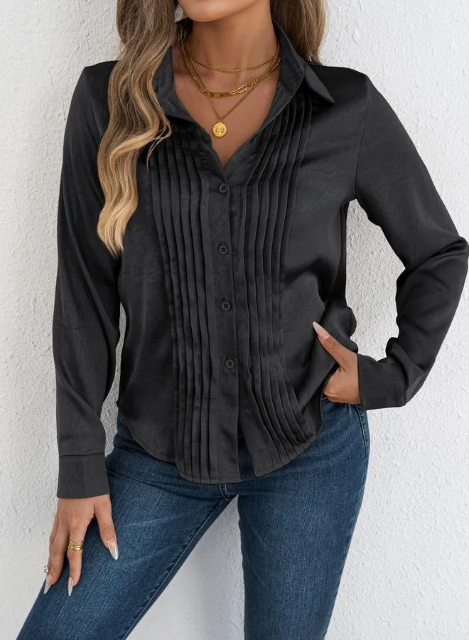 تايك تو Black Pintuck Detail Long Sleeves Shirt