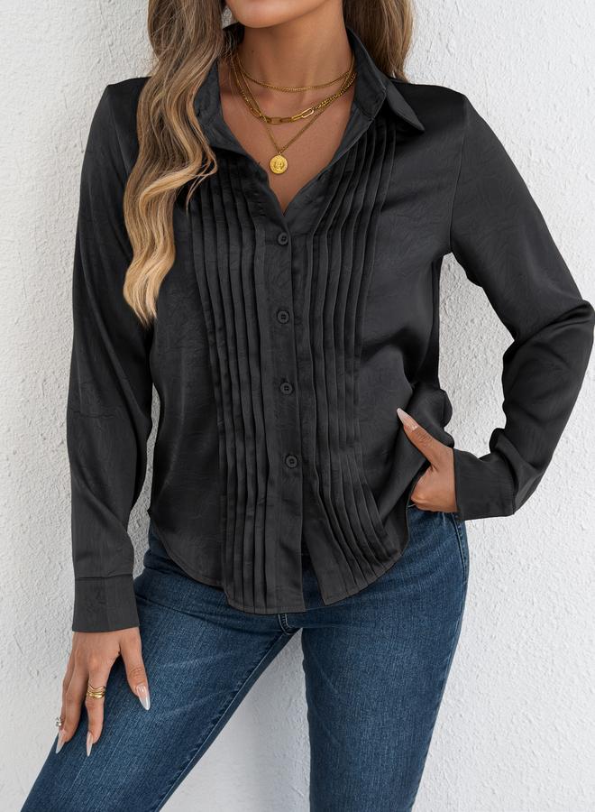 Take Two Black Pintuck Detail Long Sleeves Shirt - Image 1