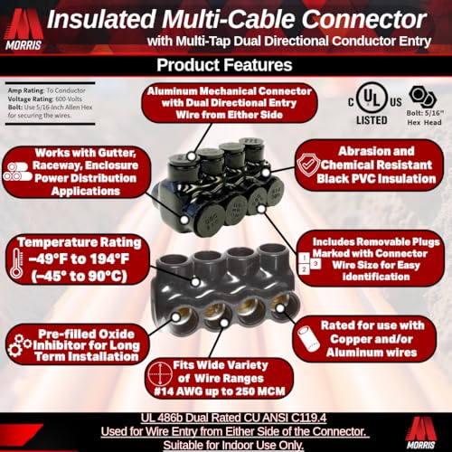 Morris Products 97644 Black Insulated Multi-Cable Connector - Dual Entry 4 Ports 250 - 6 Wire Range, 1-Pack - Image 2