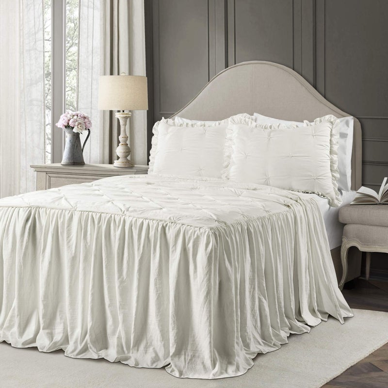 Lush Decor Lush Decor Ravello Pintuck Ruffle Skirt Bedspread Set  Luxe 3 Piece Ruffled Bedding Set  Traditional Glam  Farmhouse Inspired Bedroom Decor  King White 
