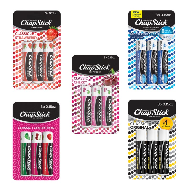ChapStick Classic Collection Flavored Lip Balm Tubes Pack Lip Moisturizer 015 Oz Box of 5 Packs of 3