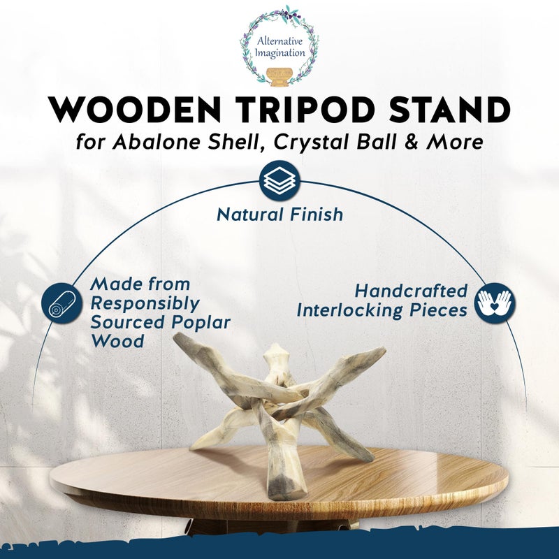 Alternative Imagination Wooden Tripod Display Stand - 6-Inch Hand Carved Holder Made from Mango Wood -Folding Natural Stand for Abalone Shell, Crystal Ball, Key Bowl,Trinket Dish, Incense,Decor & More - Image 2