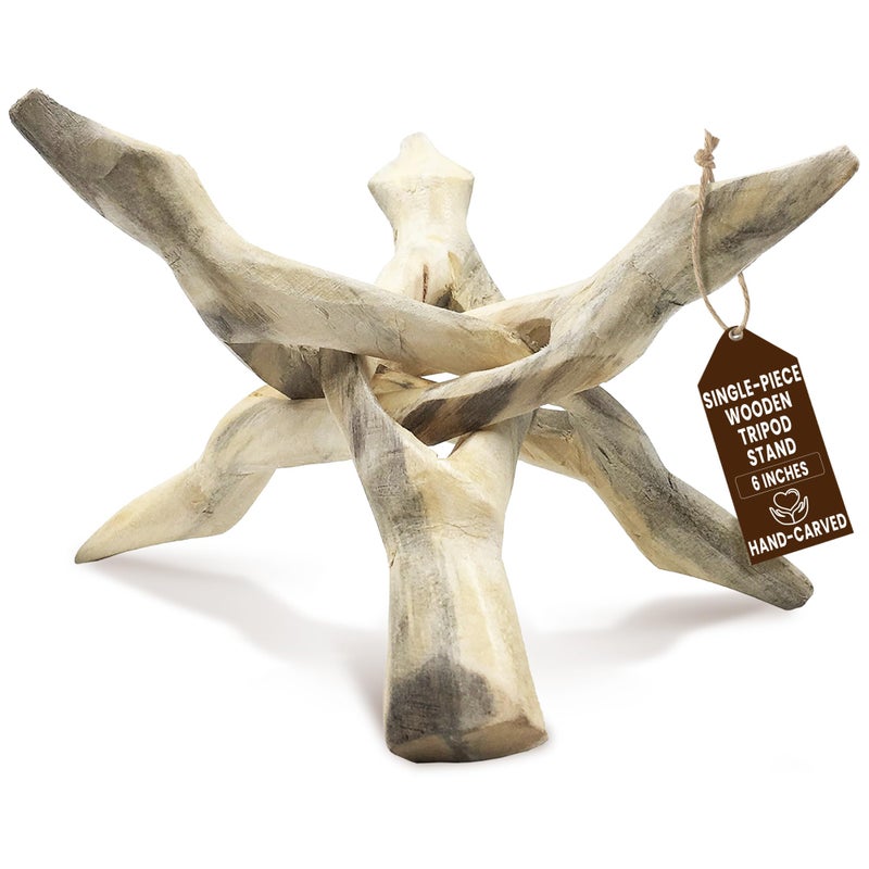 Alternative Imagination Wooden Tripod Display Stand - 6-Inch Hand Carved Holder Made from Mango Wood -Folding Natural Stand for Abalone Shell, Crystal Ball, Key Bowl,Trinket Dish, Incense,Decor & More - Image 1