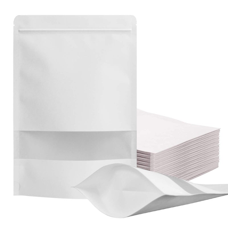 100 Pcs Resealable bags71 x 102 Stand Up White Kraft Paper Bags with Matte Window Zip Lock Food Storage Bags for Packaging Products Reusable Sealable
