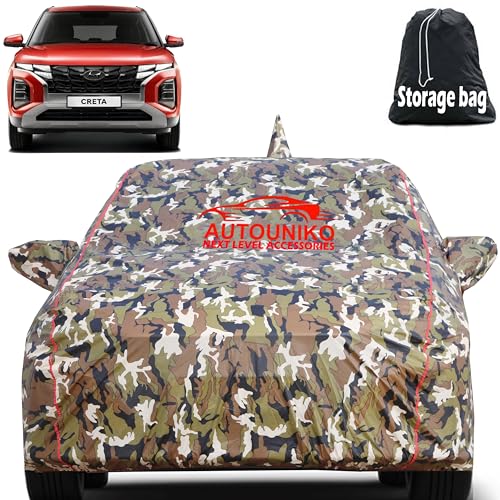 AUTOUNIKO Waterproof Car Body Cover for Hyundai Creta with Mirror and Antenna Pocket and Soft Cotton Lining (Full Bottom Elastic Triple Stitched) (Jungle Print with Red Piping) - Image 1