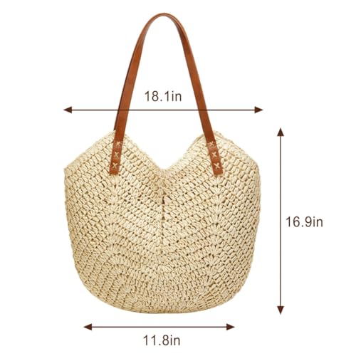 Caistre Summer Casual Straw Tote Bag Large Capacity Woven Shoulder Handbag for Summer Beach Vocation (A-beige) - Image 2