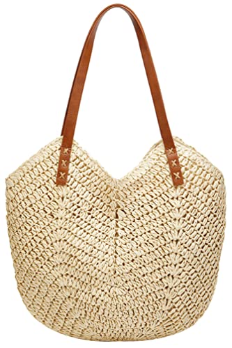 Caistre Summer Casual Straw Tote Bag Large Capacity Woven Shoulder Handbag for Summer Beach Vocation (A-beige) - Image 1
