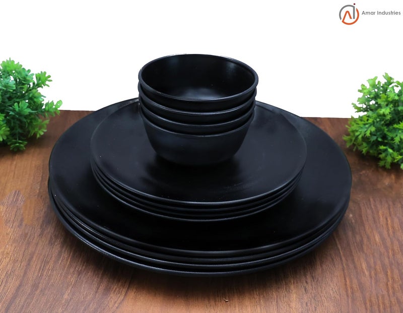 Amar Industries Melamine Dinner Set Elegant Unabreakable Matte Black Spiral Design Full Plates Half Plates with Bowl Set of 12 - Image 2