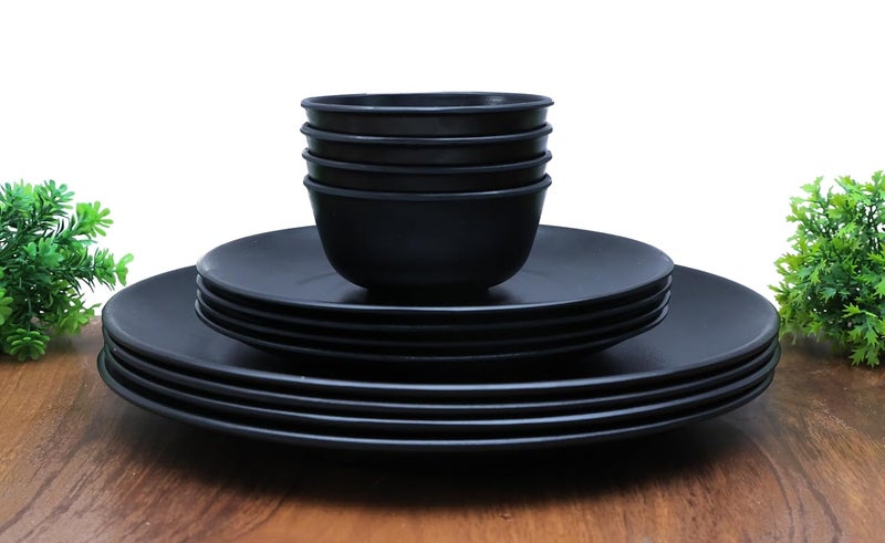Amar Industries Melamine Dinner Set Elegant Unabreakable Matte Black Spiral Design Full Plates Half Plates with Bowl Set of 12 - Image 1