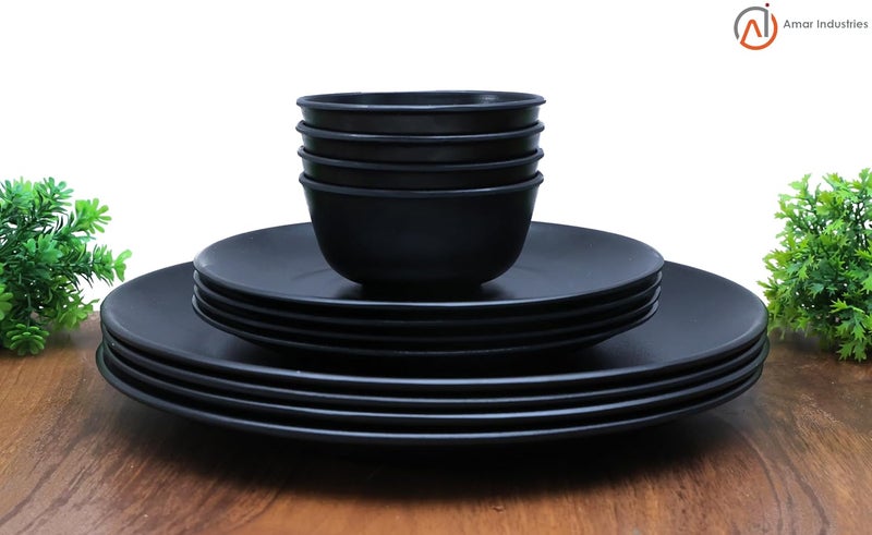Amar Industries Melamine Dinner Set Elegant Unabreakable Matte Black Spiral Design Full Plates Half Plates with Bowl Set of 12 - Image 3