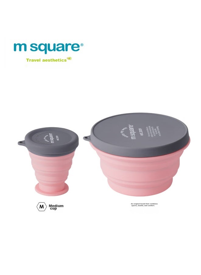 M Square Folding Bowl, Silicone Cup, Travel Portable, Food-grade Baby Bowl, Camping Picnic, Cherry Blossom Pink Medium Cup + Large Bowl - Image 1