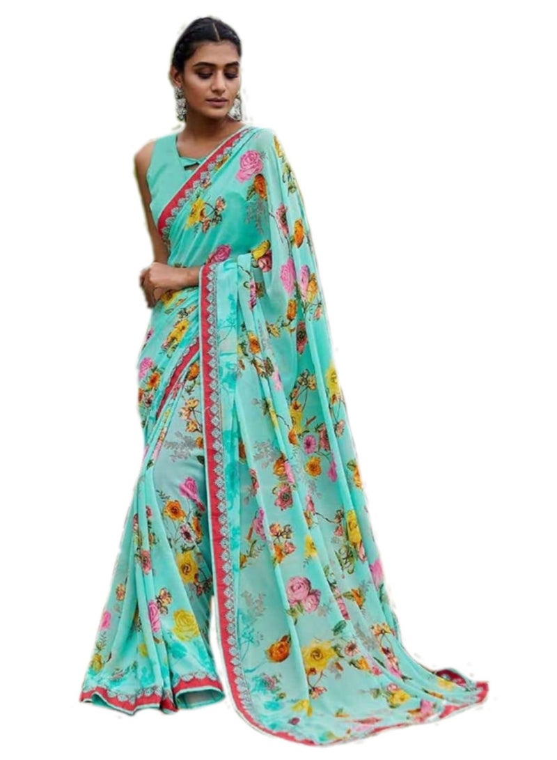 Grab Mantra Georgette Light Blue Sari With floral Print And Lace Border All Over With Unstitched Blouse  - Image 1