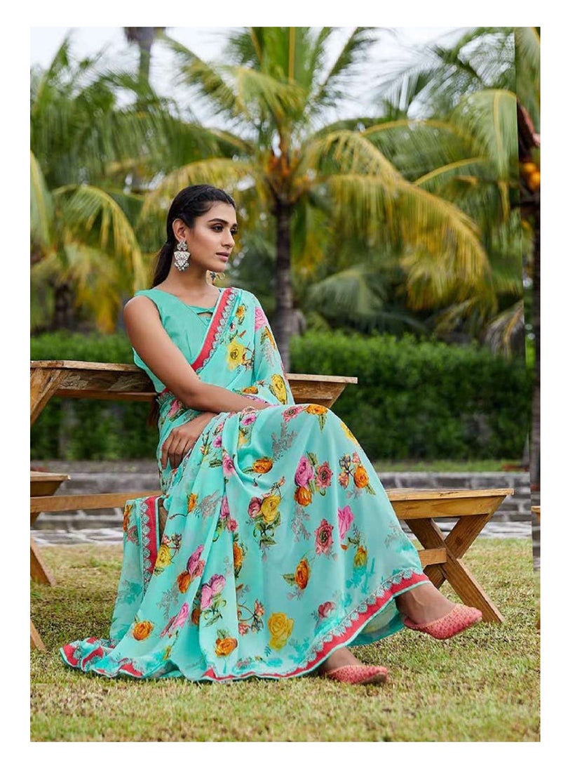 Grab Mantra Georgette Light Blue Sari With floral Print And Lace Border All Over With Unstitched Blouse  - Image 2