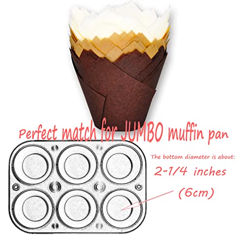 MyBakning (JUMBO EXTRA LARGE size) Natural+Brown+White Tulip Baking Cups 2-1/4"(Base diameter) x 3-3/4"(Wall height) Greaseproof paper baking cupcake Muffin liners, Case of 130 pcs - Image 3